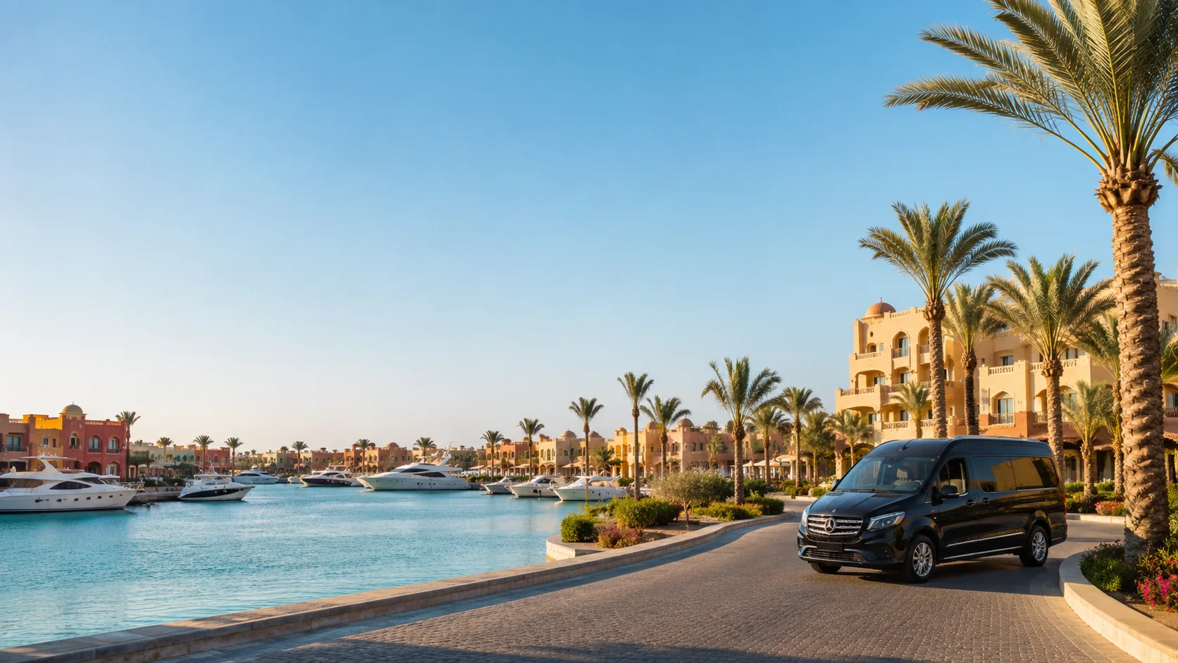 Private transfer vehicle beside El Gouna marina and waterfront hotels