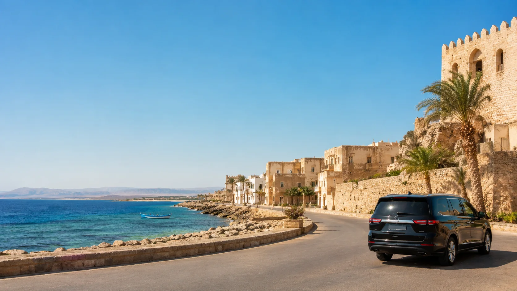 Private transfer vehicle on the coastal road beside historic El Quseir