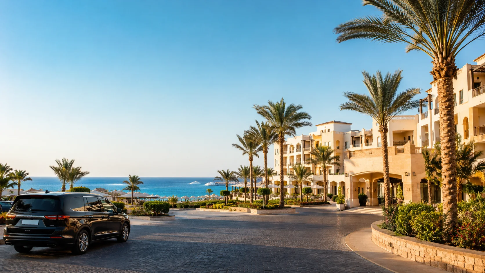 Private airport transfer vehicle arriving at a beachfront hotel in Hurghada