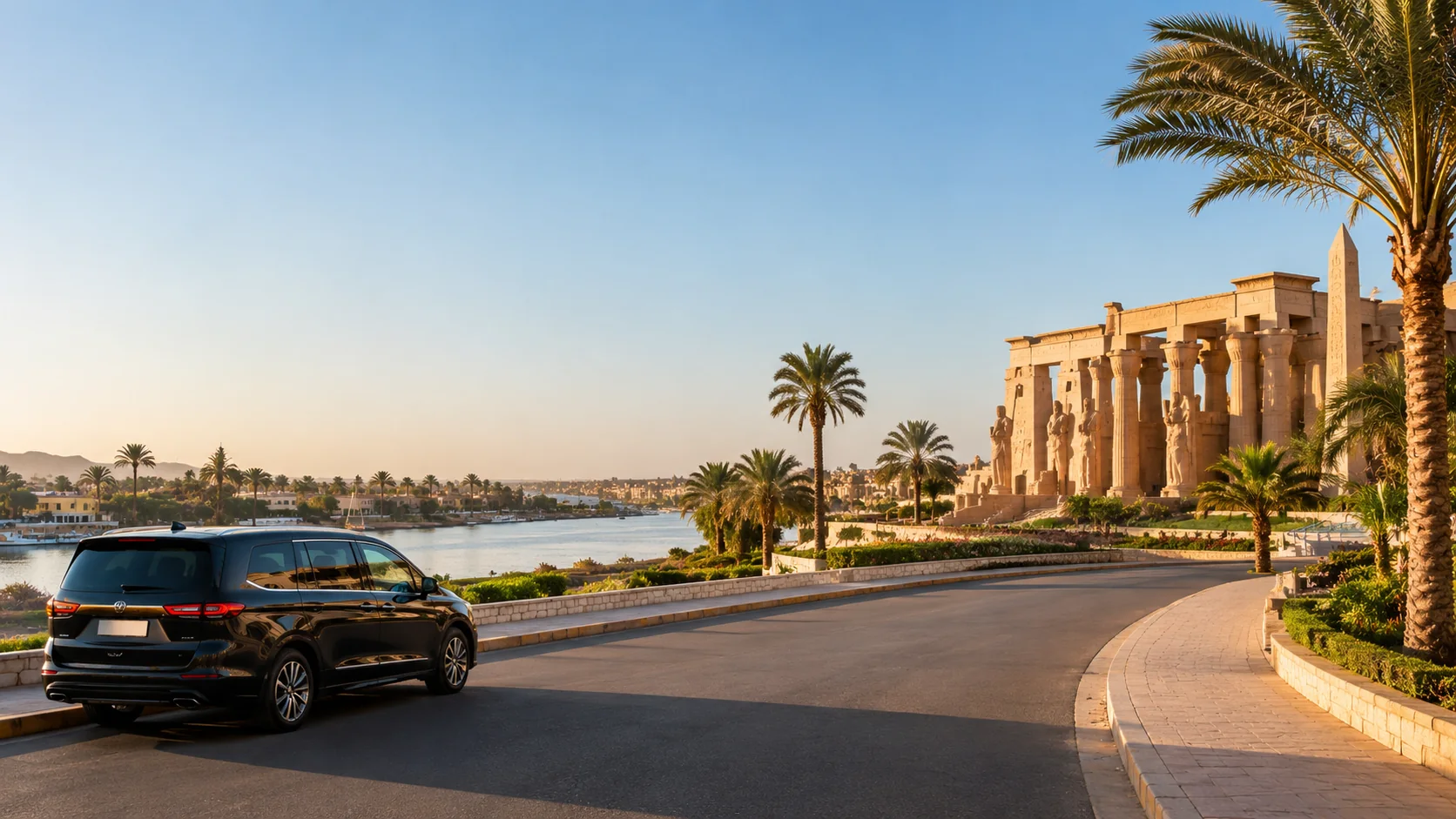 Private transfer vehicle arriving in Luxor near the Nile and ancient temples