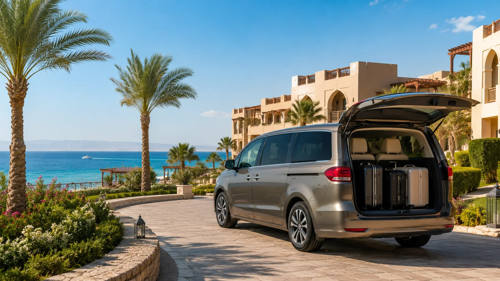 Private airport transfer vehicle arriving at a beachfront resort in Makadi Bay