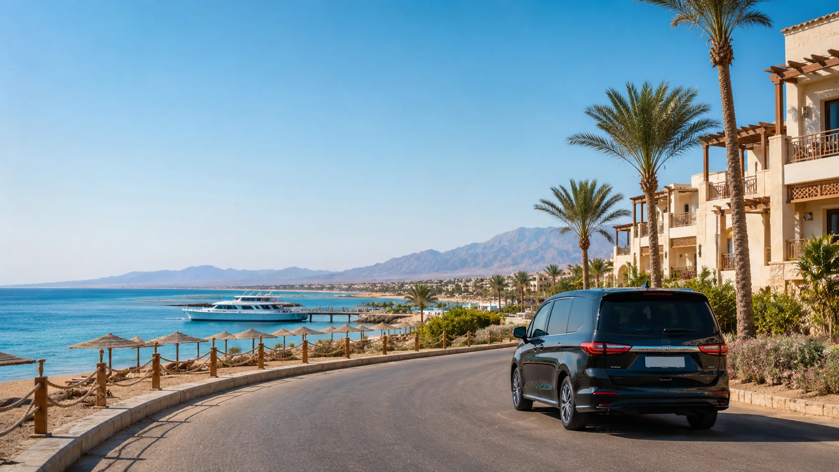Private transfer vehicle on the coastal road to Safaga hotels
