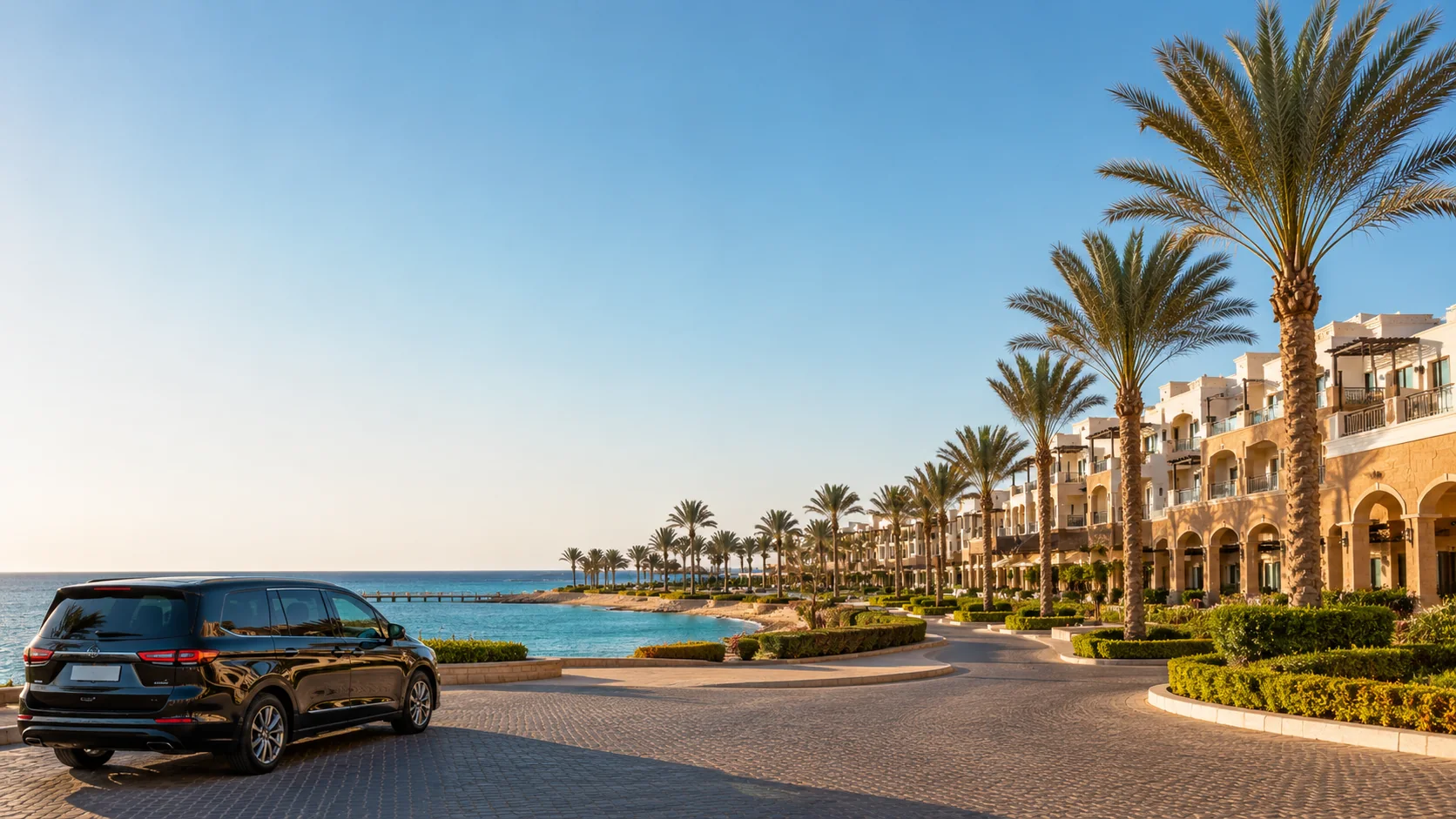 Private transfer vehicle arriving at a beachfront resort in Sahl Hasheesh