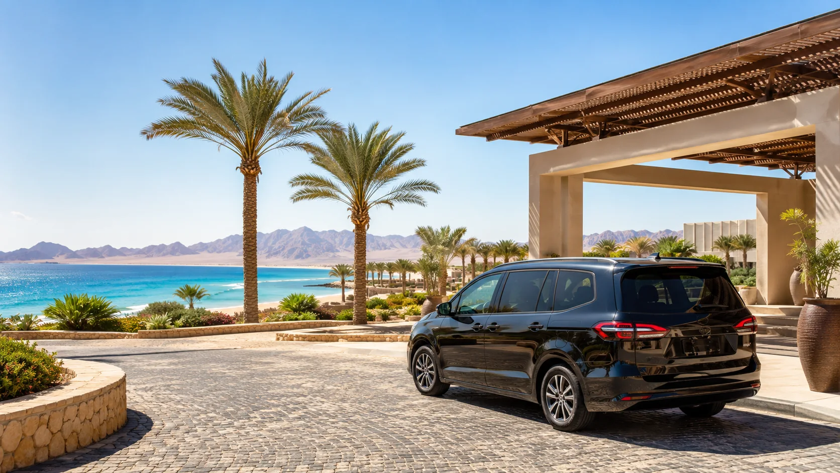 Private airport transfer vehicle at a luxury beachfront resort in Soma Bay