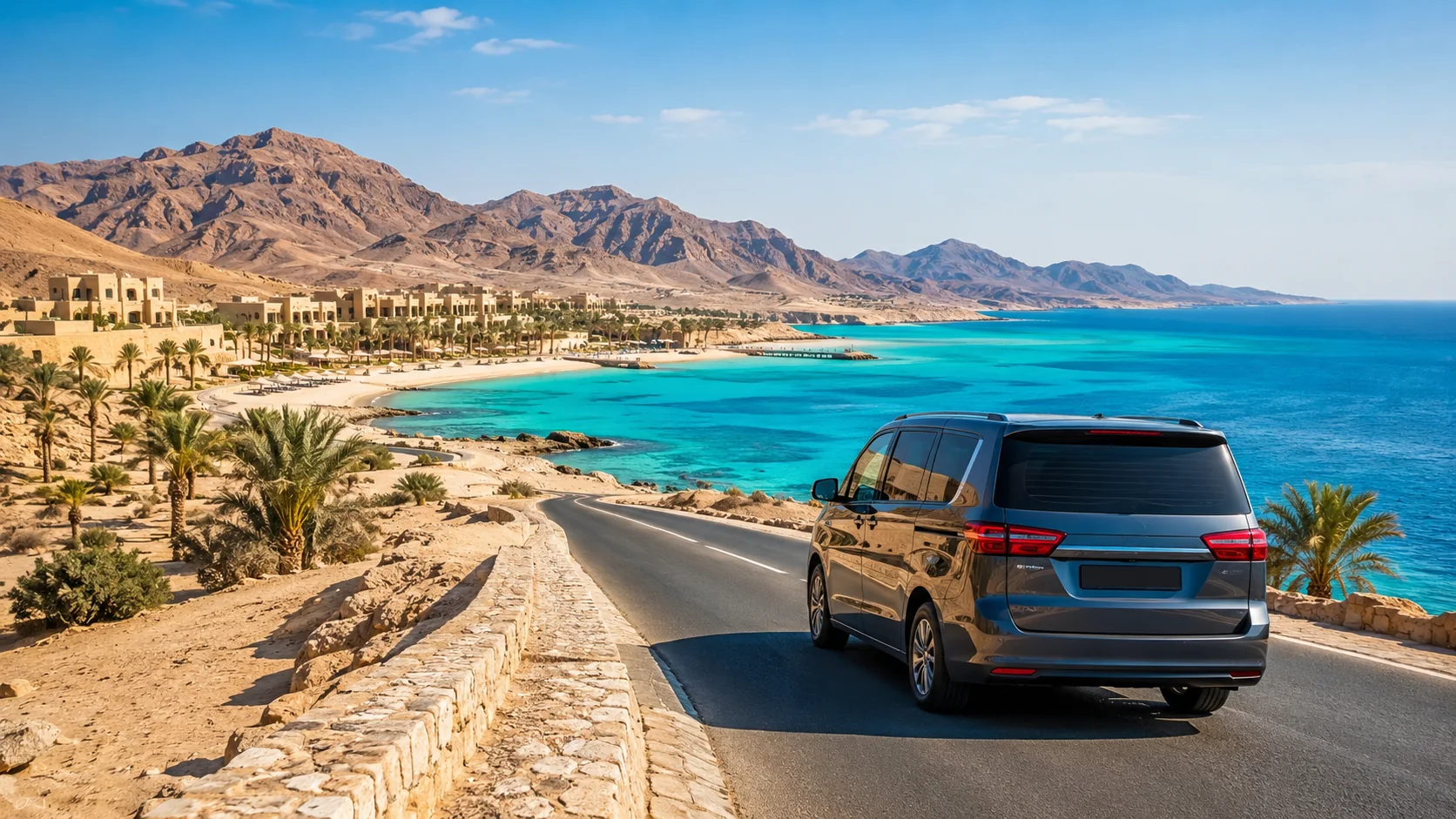 Private transfer vehicle travelling on the coastal road to South Marsa Alam resorts
